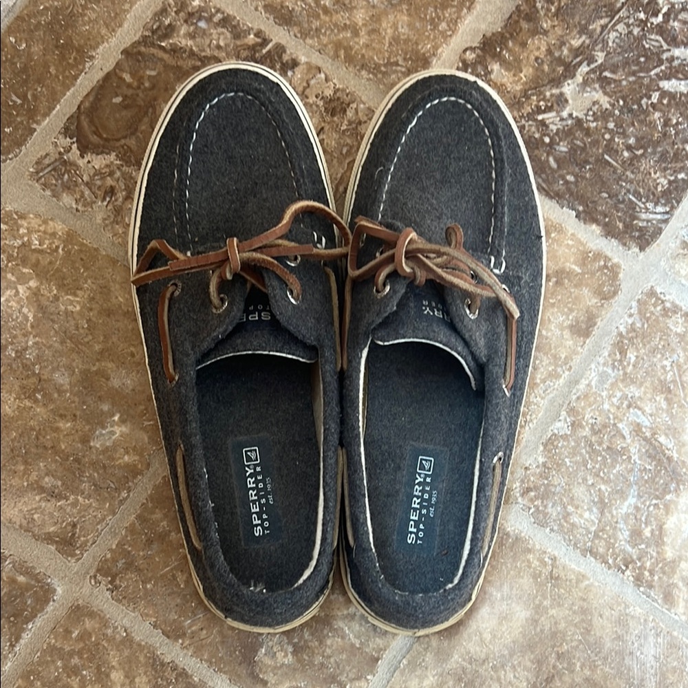Sperry Top-Slider Gray Wool and Brown Boat Shoes